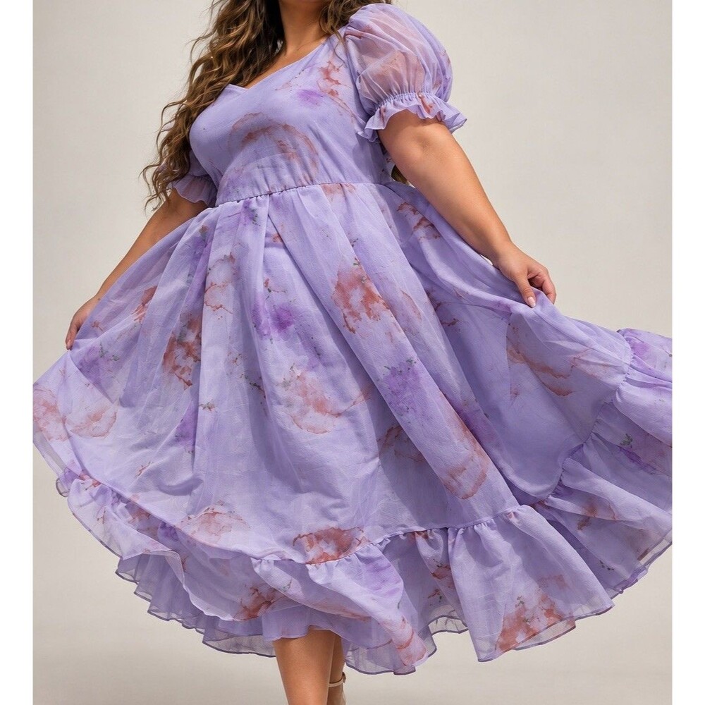 JessaKae Amelia Dress Purple 4X Ethereal Whimsical Fairy Puff Sleeve Midi NWT
